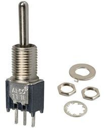 Switch Toggle ON None OFF SPST Long Baton Toggle PC Pins 20VAC 20VDC 0.4VA PC Mount with Threads