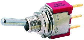 Switch Toggle ON OFF (ON) SPDT Long Baton Toggle PC Pins 5A 250VAC 28VDC PC Mount with Threads Bulk